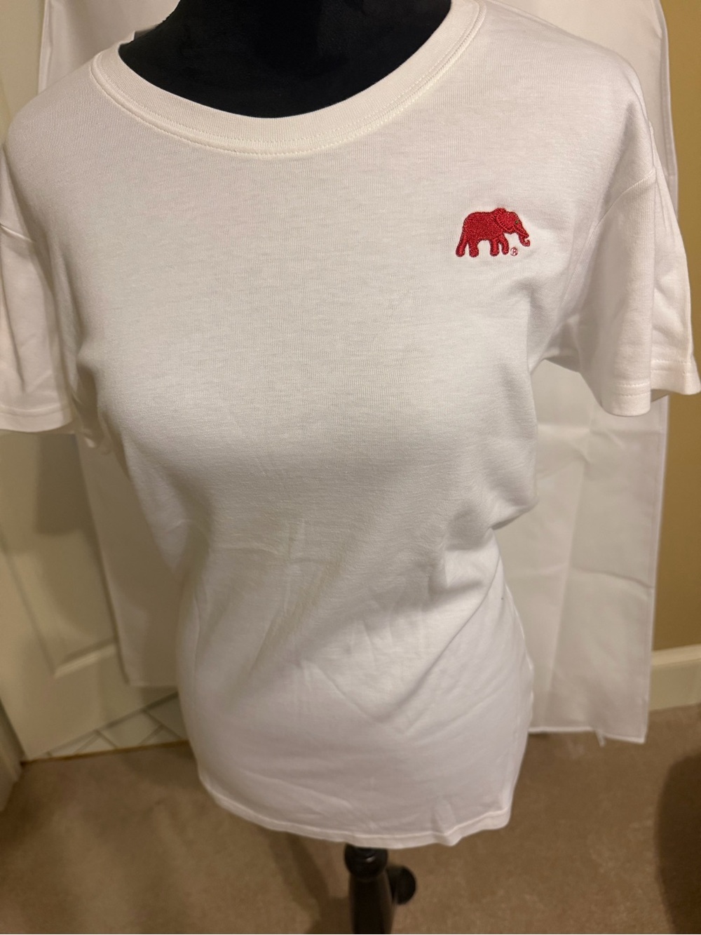 White Short-Sleeve Crewneck Tee with Red Elephant Accent